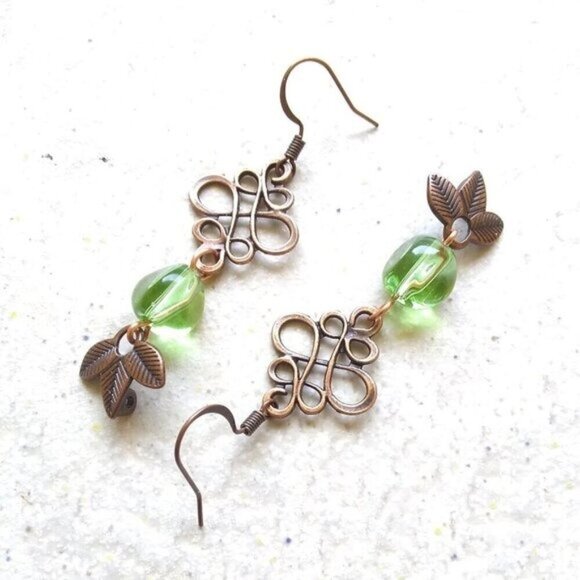 Feminine Copper Celtic Knot Filigree & Leaf Dangle Earrings ~ Spring + Fall - Picture 1 of 5